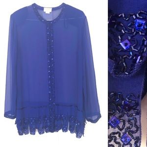 Vintage 80s Cobalt Blue Beaded Sheer Long Sleeve Jacket Duster Unique Fringe XL